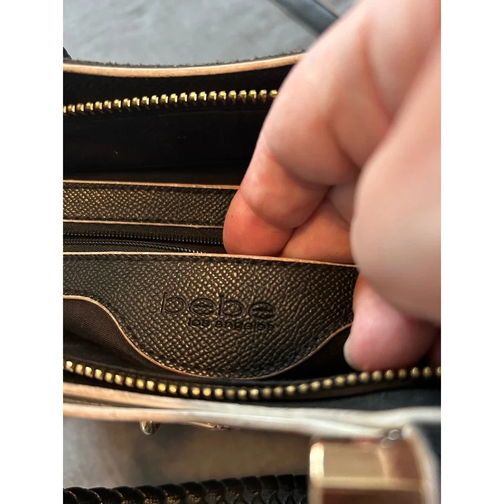 Bebe Black Saffiano Crossbody Satchel Bag Braided Handle Gold Logo Medallion